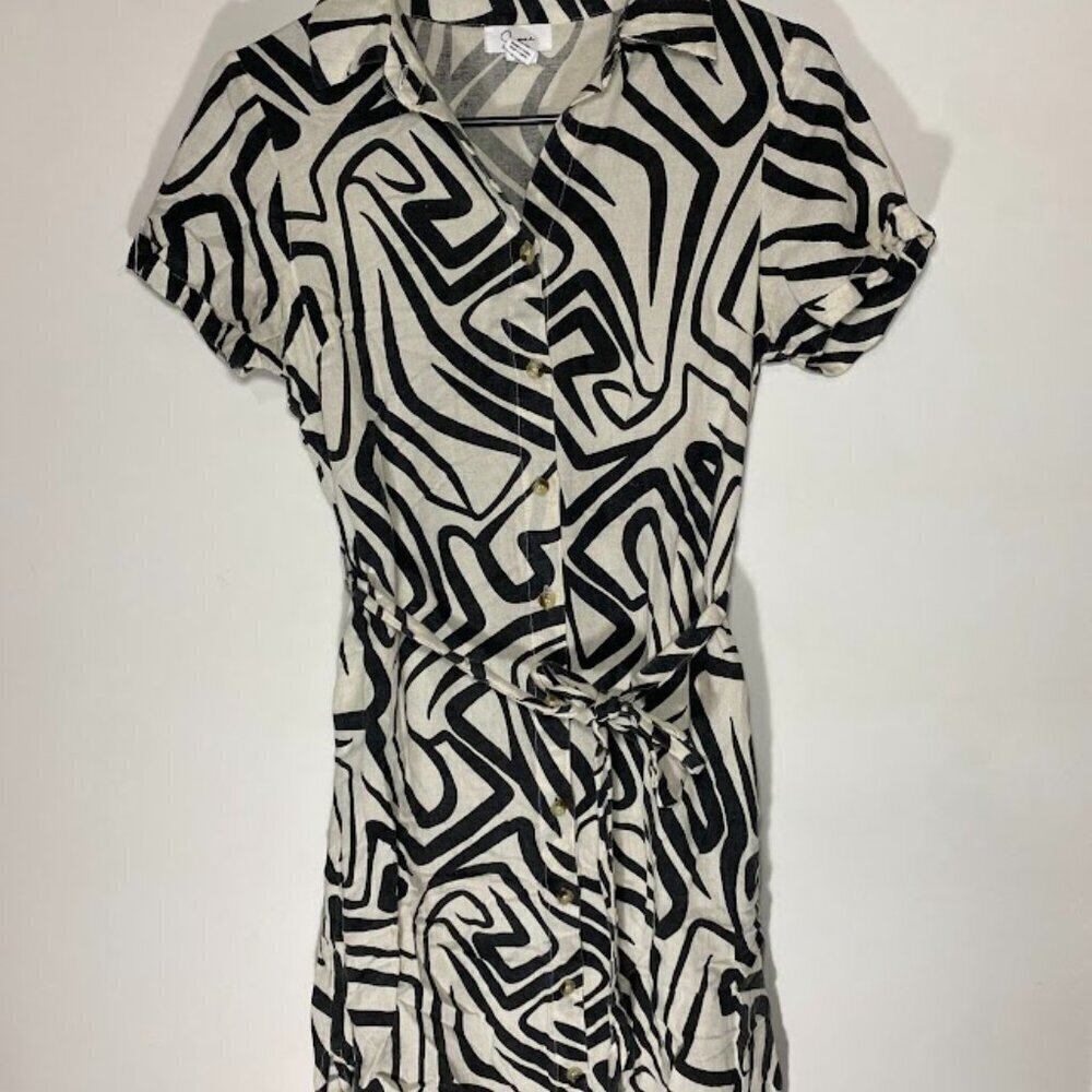 Japna Button Up Belted Geometric Pattern Dress